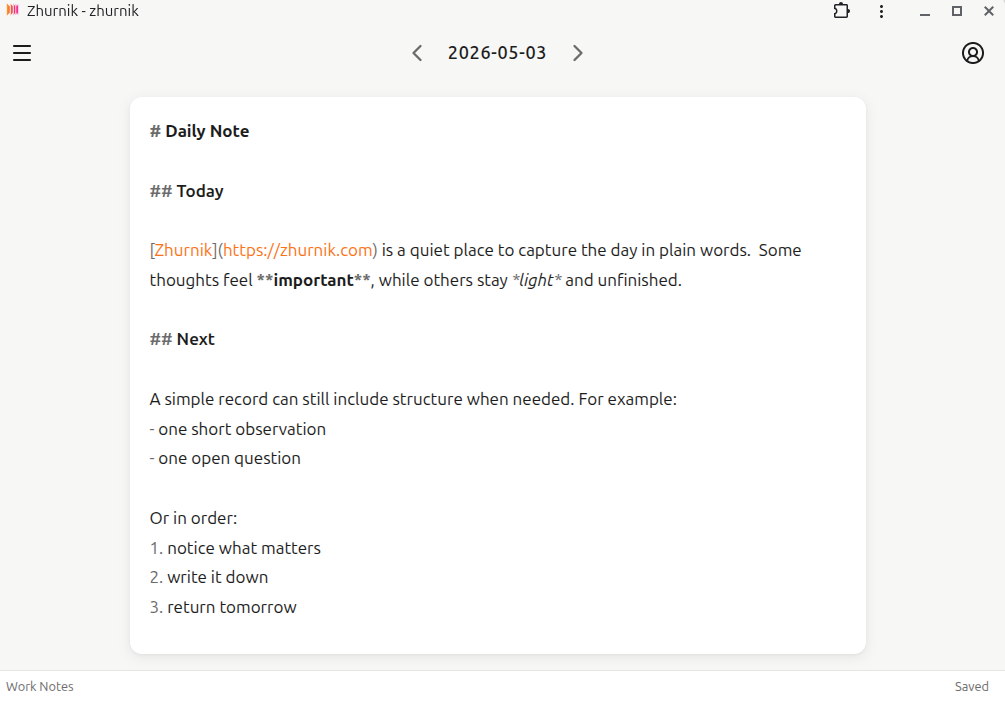Zhurnik app editor view showing markdown syntax while writing